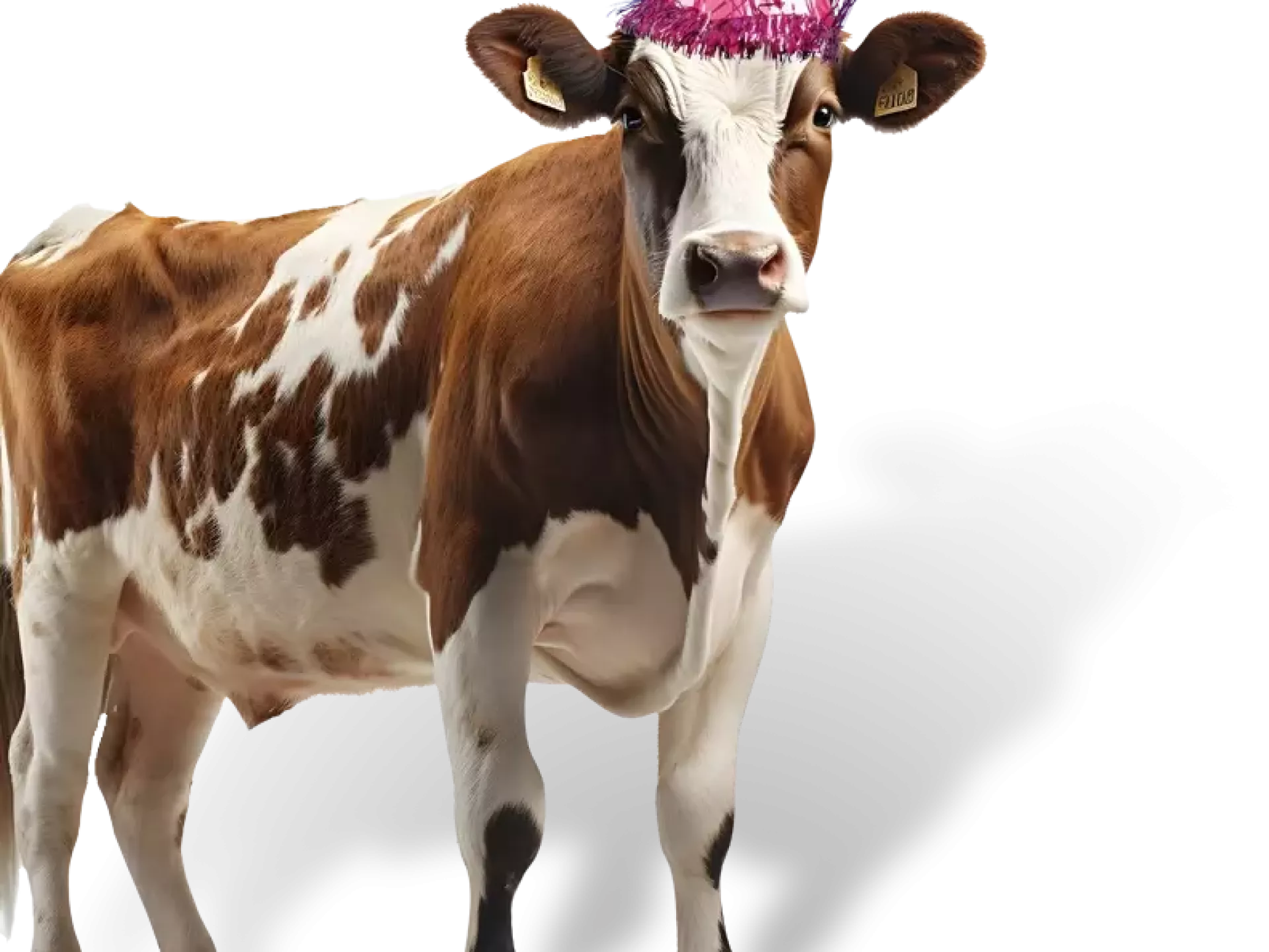 Een koe met een feesthoedje op.