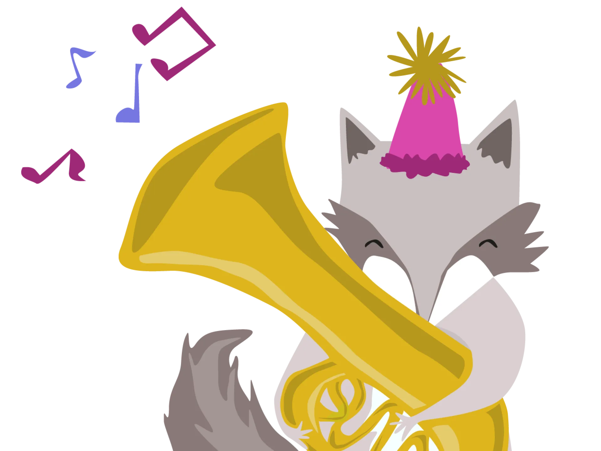 Cartoon wasbeer met feesthoed speelt een tuba.