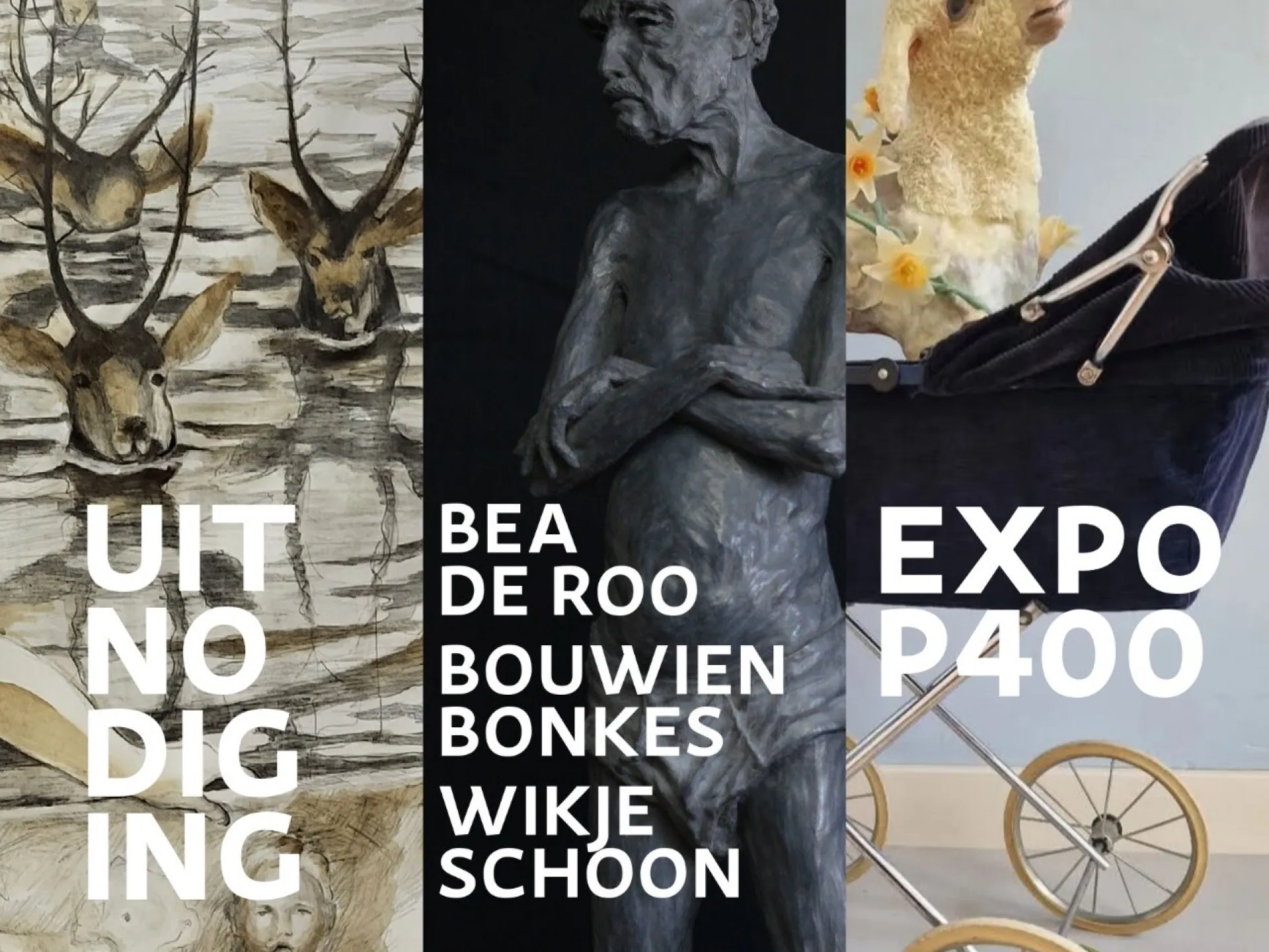 Uitnodigingsposter voor de expositie P400 bij Kunst & Cultuur, met kunstwerken van Bea de Roo, Bouwien Bonkes en Wikje Schoon.