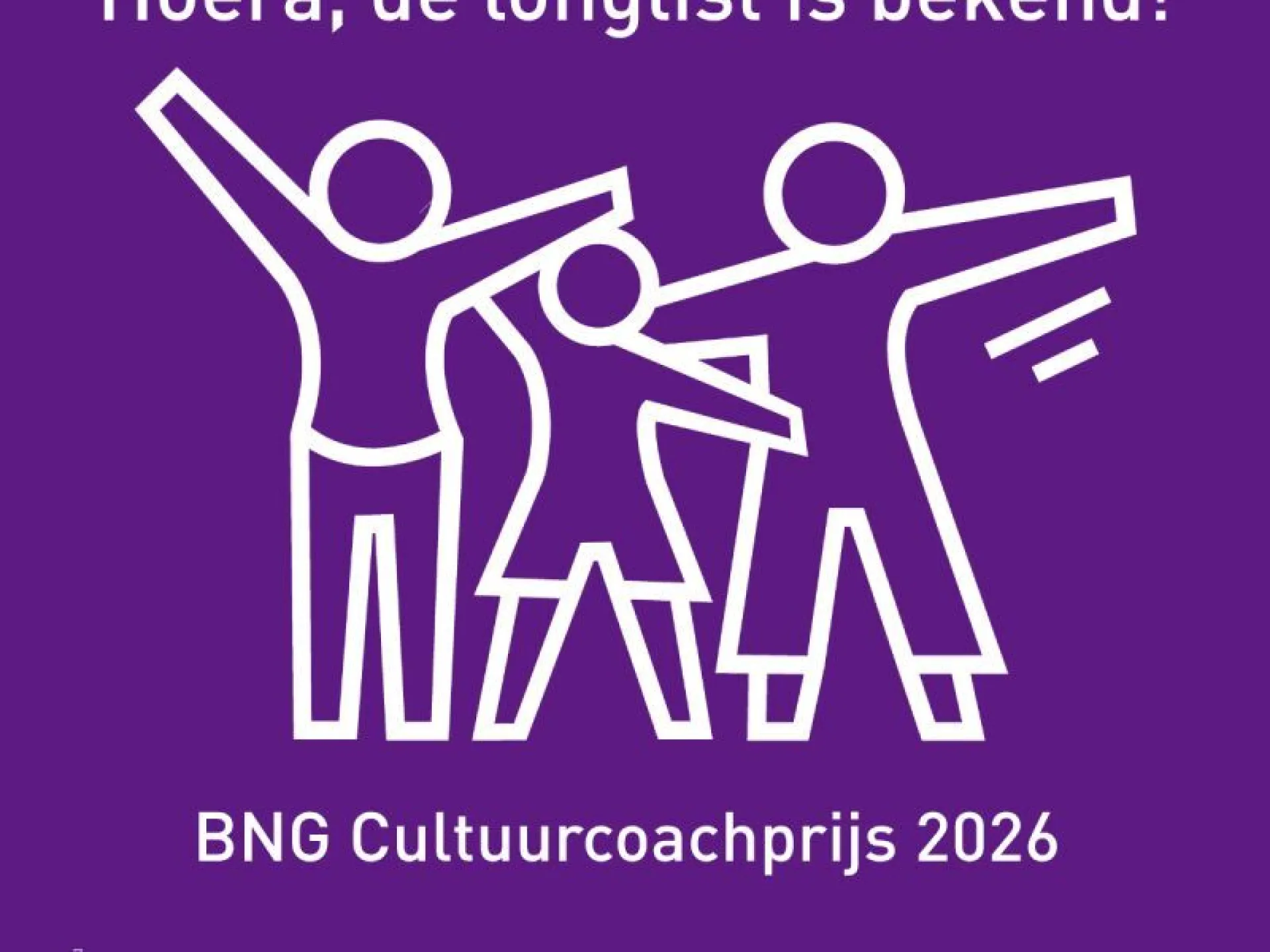 Illustratie van mensen die jubelen met tekst over de BNG Cultuurcoachprijs 2026 op een paarse achtergrond.