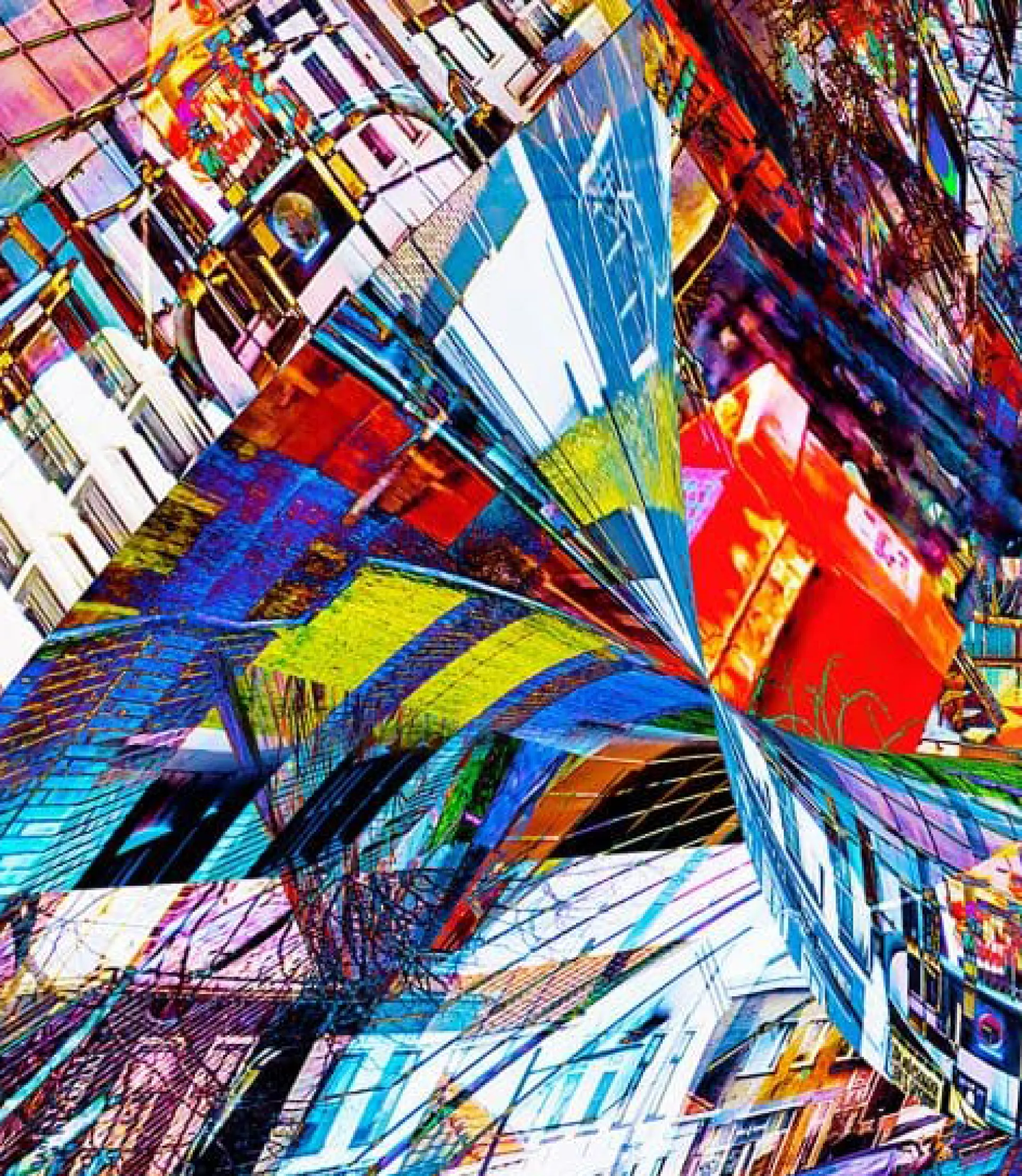 Een kleurrijke, abstracte montag van gebogen stedelijke architectuur.