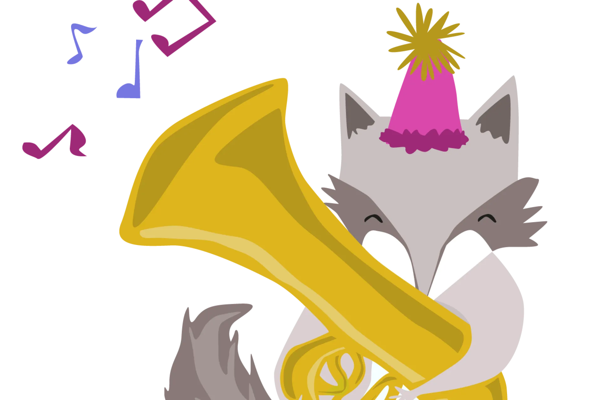 Cartoon wasbeer met feesthoed speelt een tuba.