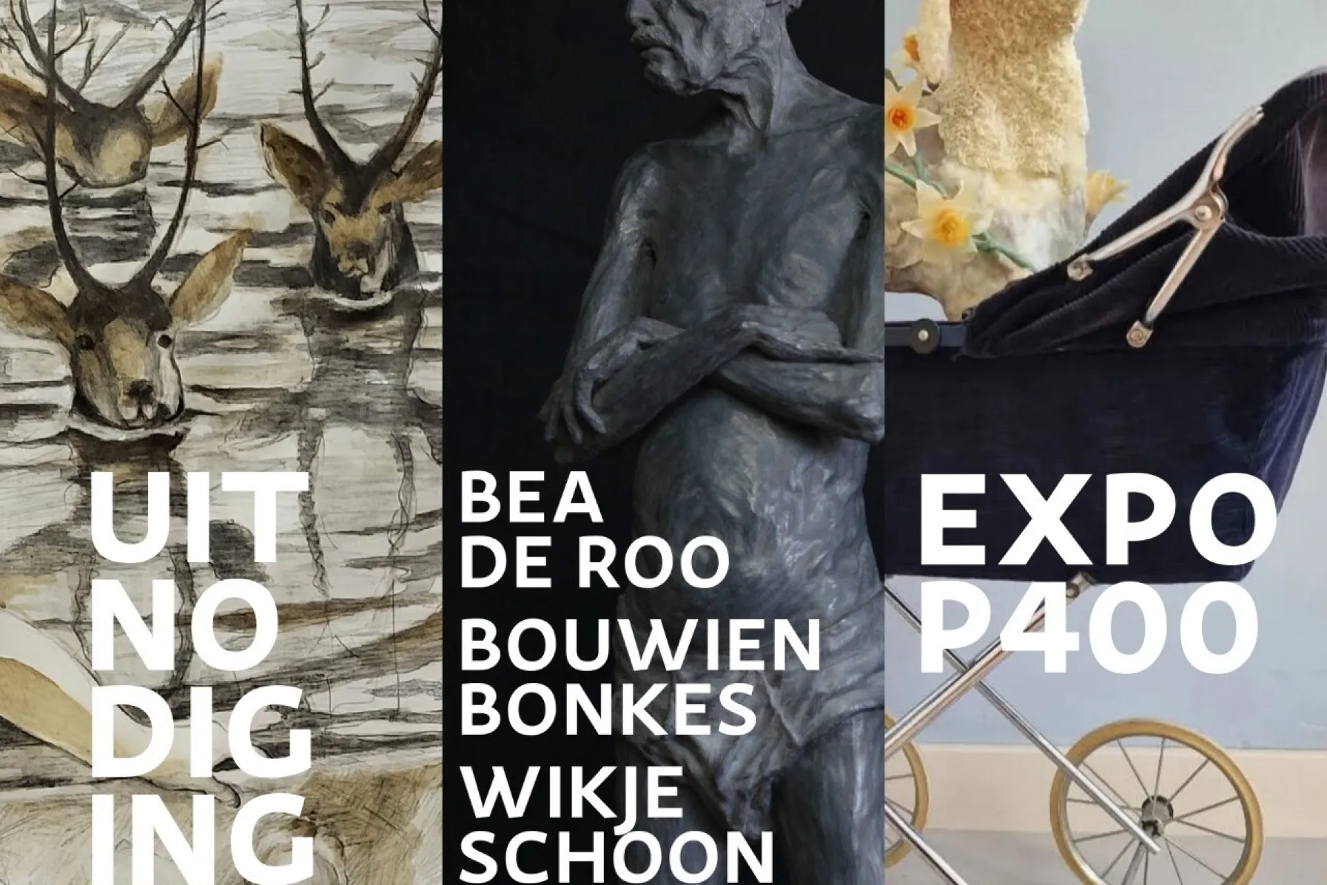 Uitnodigingsposter voor de expositie P400 bij Kunst & Cultuur, met kunstwerken van Bea de Roo, Bouwien Bonkes en Wikje Schoon.