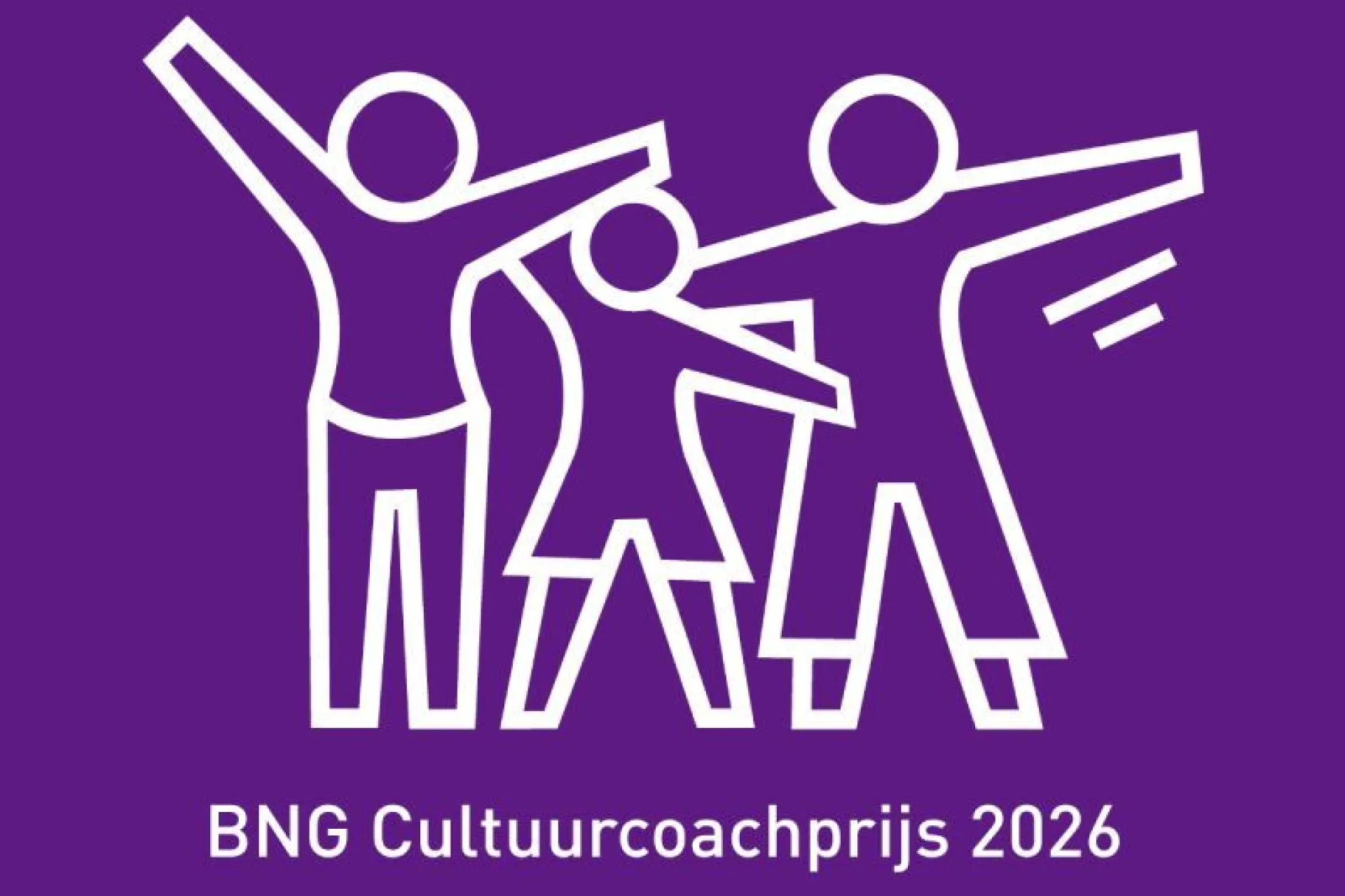 Illustratie van mensen die jubelen met tekst over de BNG Cultuurcoachprijs 2026 op een paarse achtergrond.